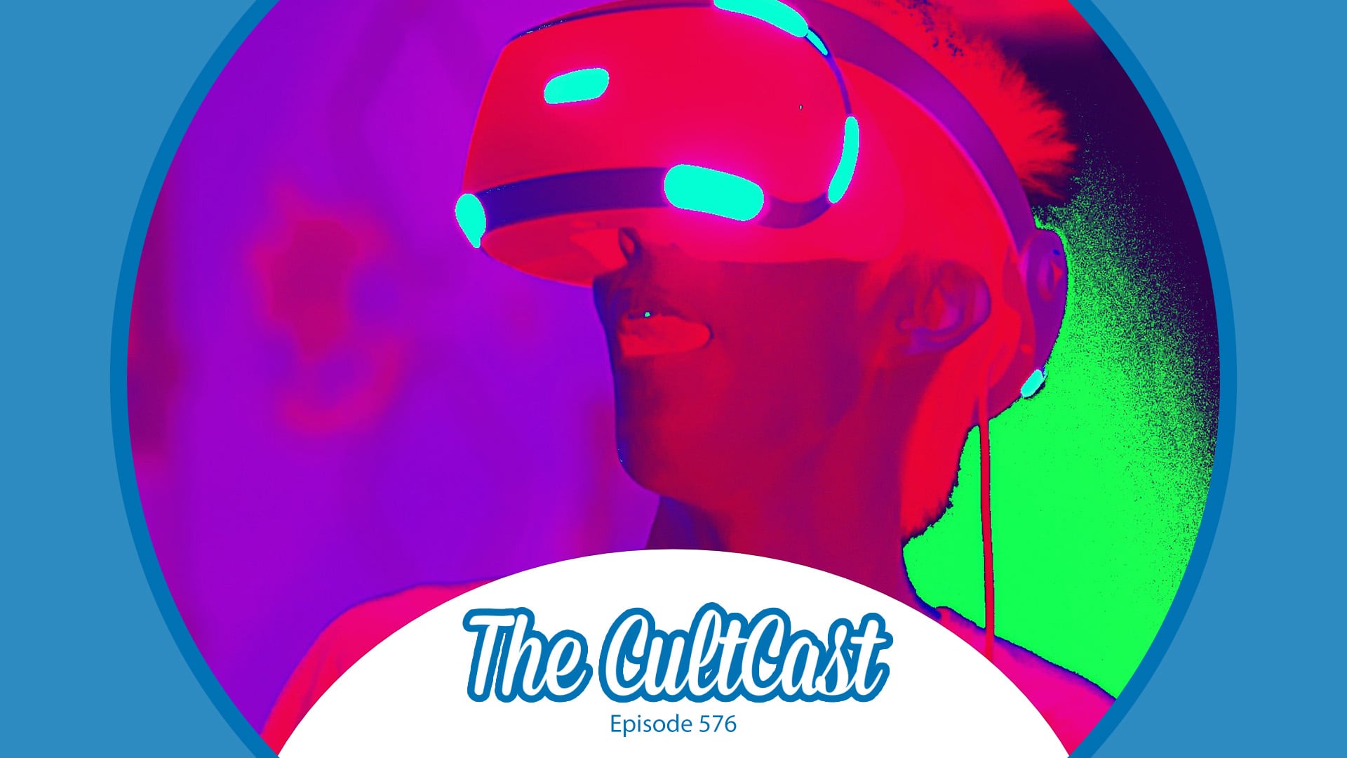A manipulated image of a person wearing a virtual reality headset, used to illustrate the contents of The CultCast, our weekly Apple podcast.