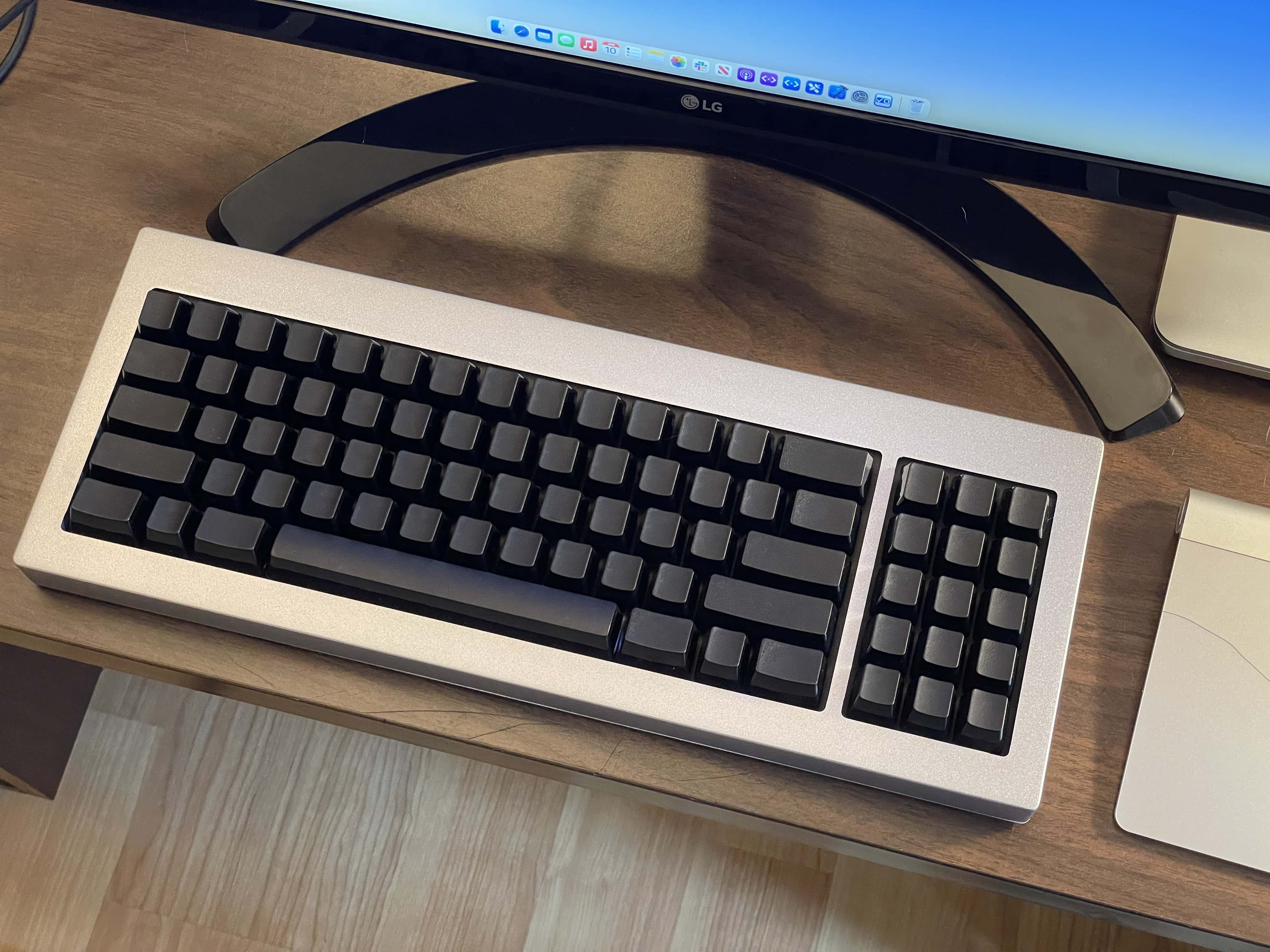 Straight-down shot of the Model F on a desk.