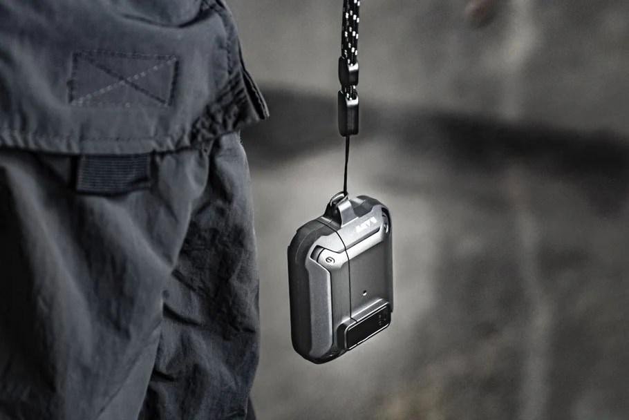 The case is shockproof and comes with a carabiner and lariat.