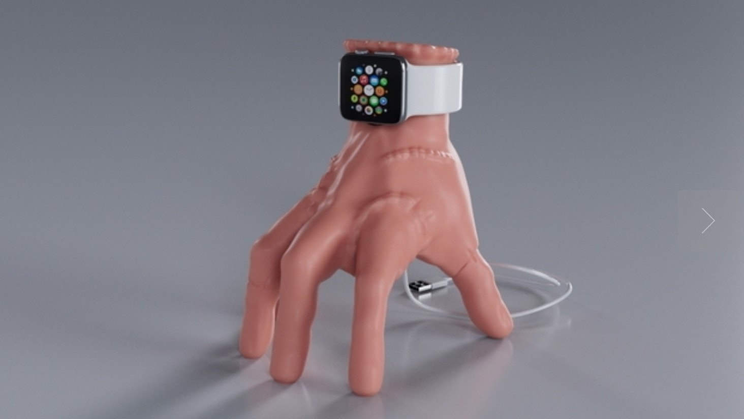 As far as we know, it doesn't run around on its fingertips. But it does charge your Apple Watch.