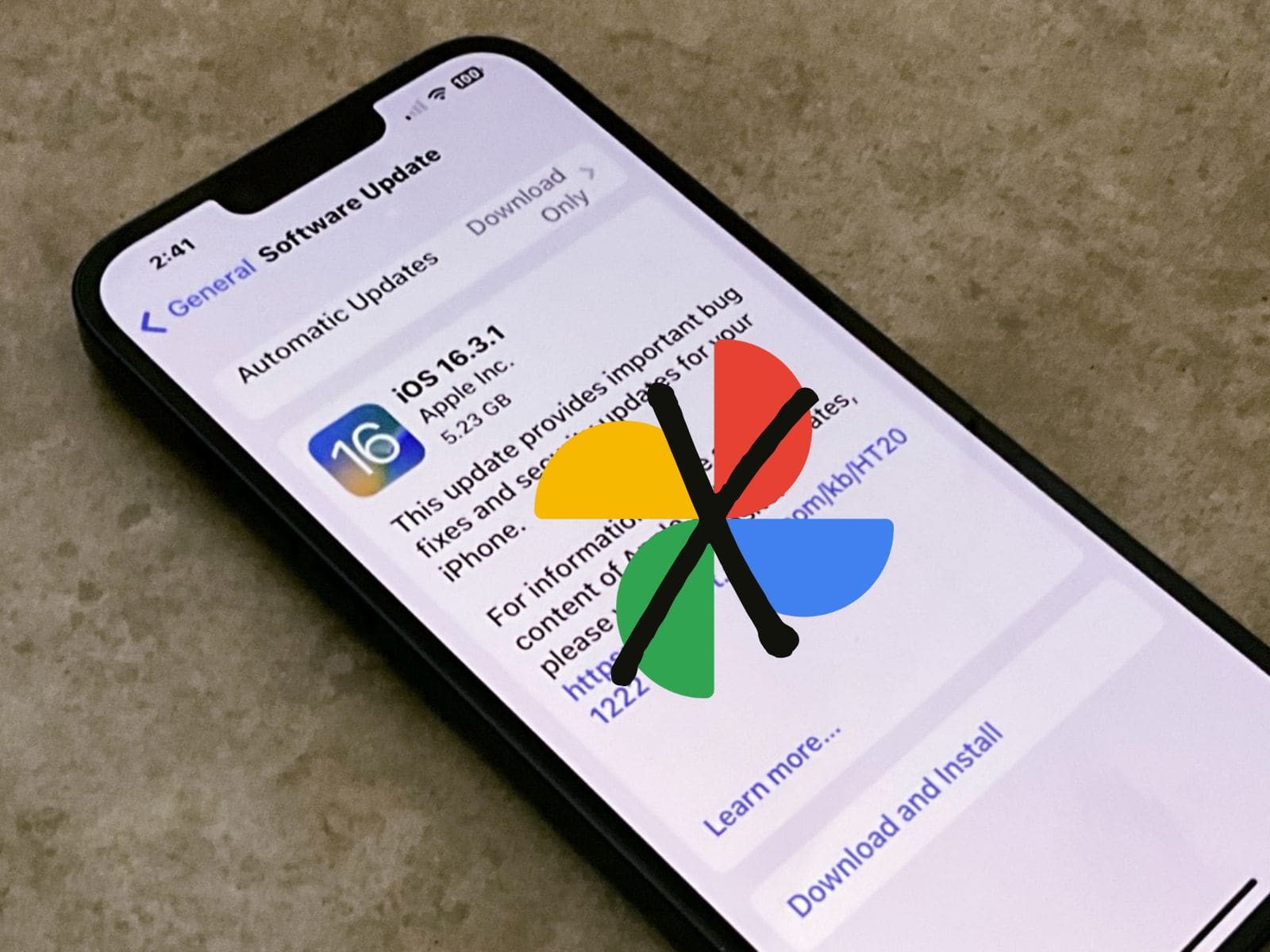 iOS 16.3.1 update on iPhone with Google Photos logo on top