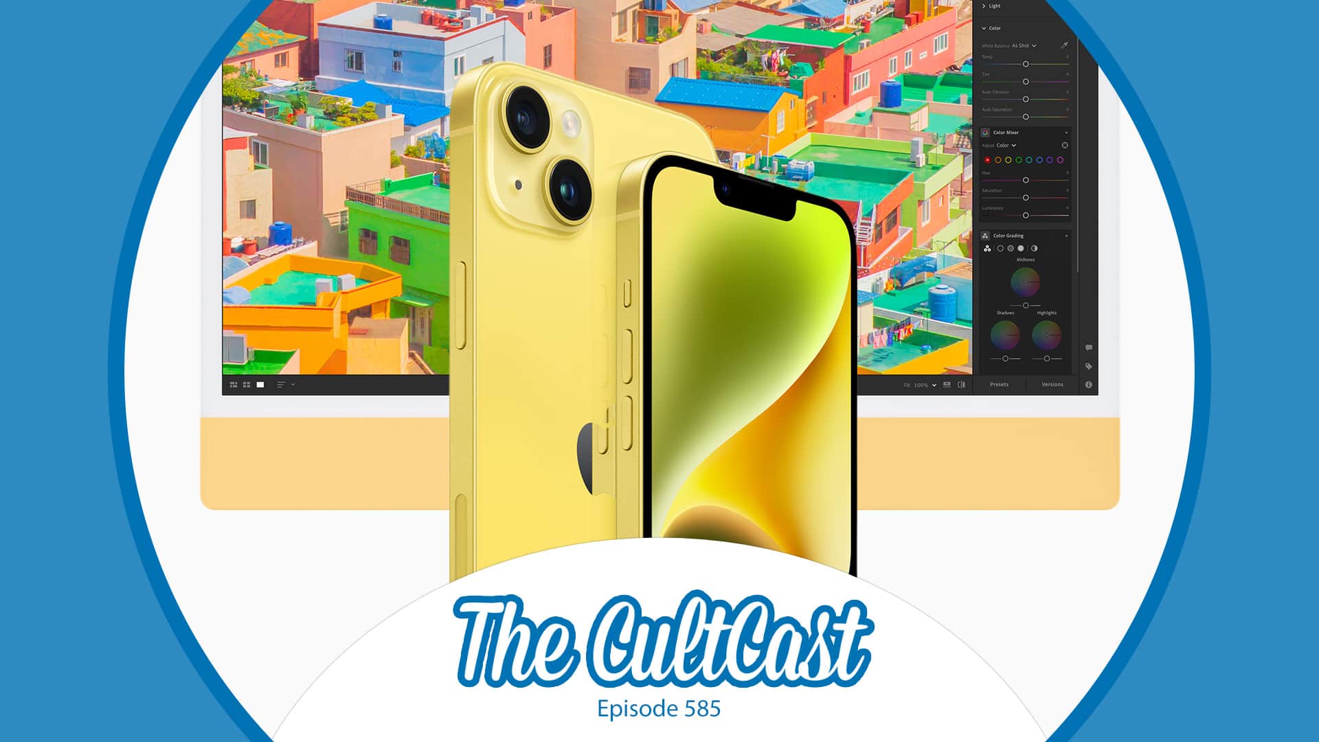 A yellow iPhone 14 and a yellow iMac, along with the logo of Cult of Mac's Apple-oriented podcast, 