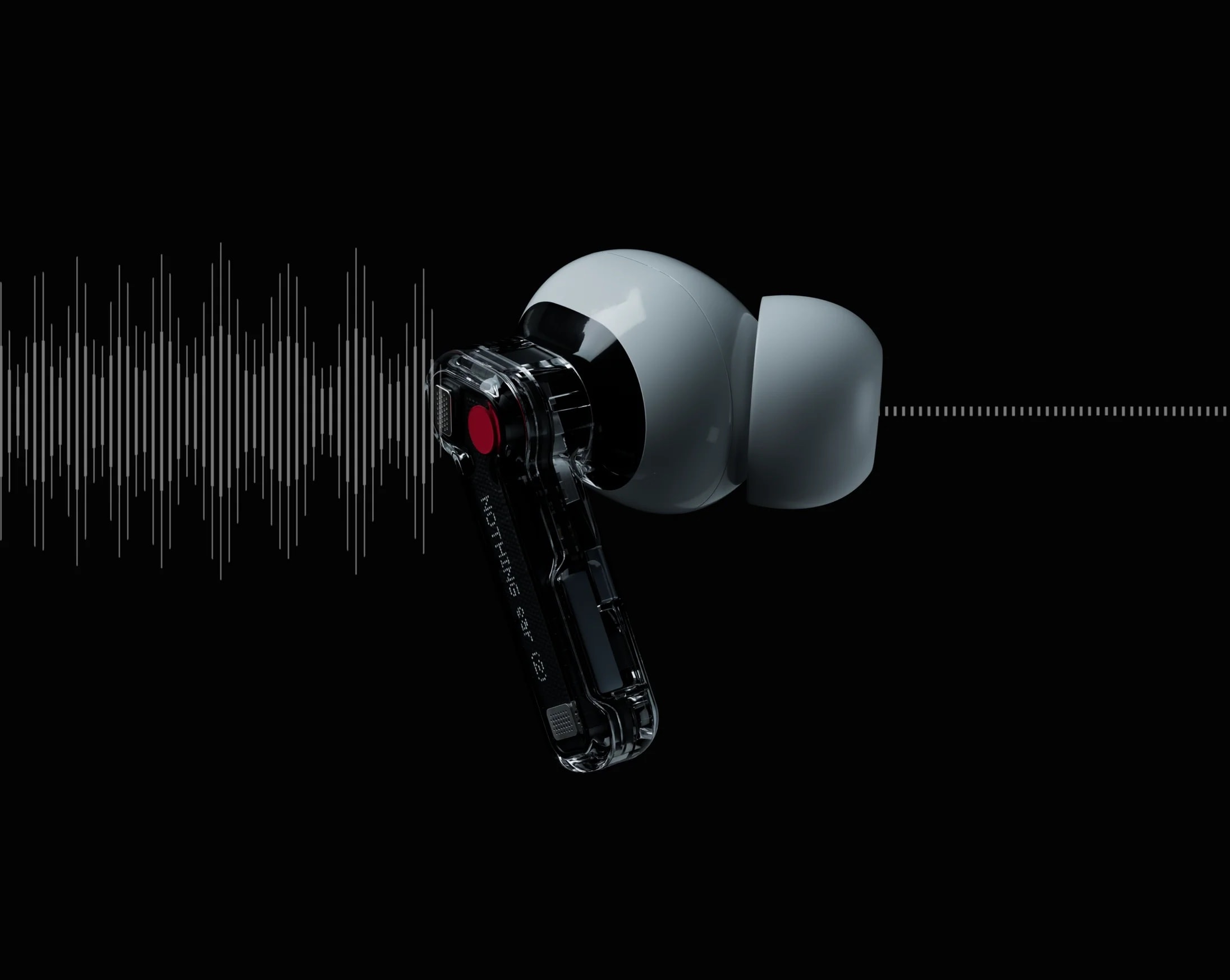 The earbuds are partially transparent and the charging case is fully so.