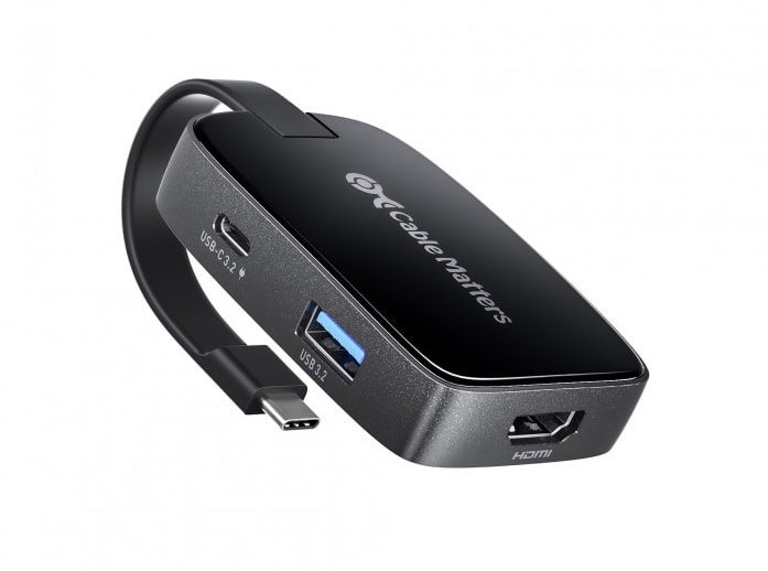 The cable folds into the hub's body, improving portability and reducing cable clutter.