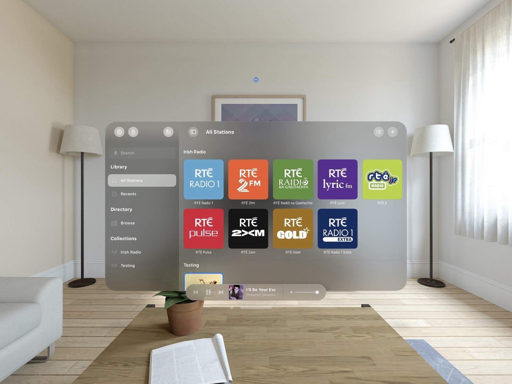 Broadcasts running in the Vision Pro simulated living room
