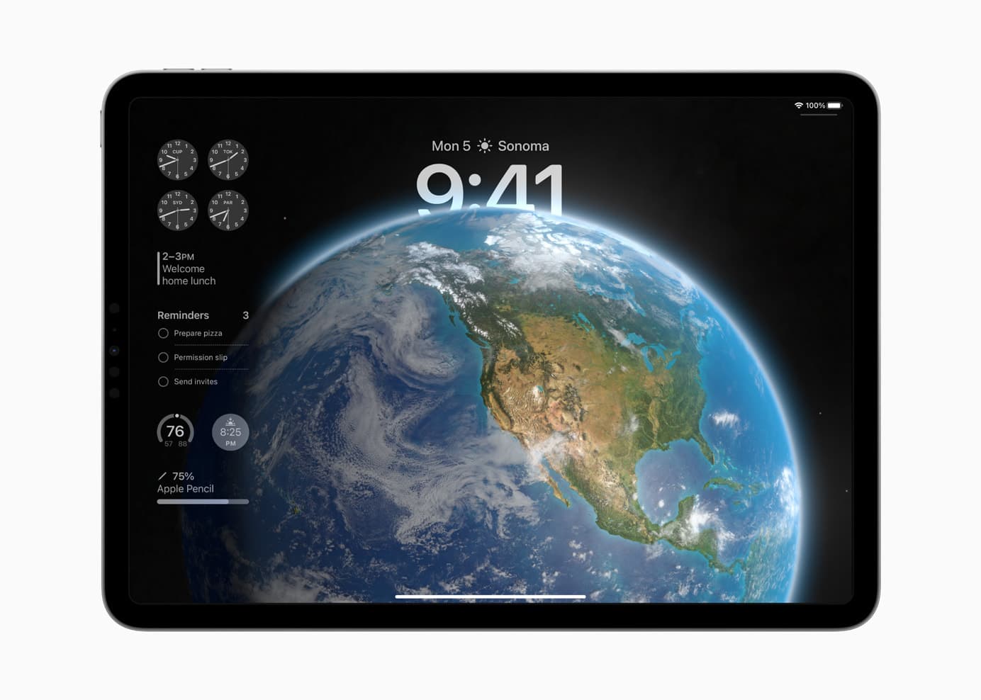 iPadOS 17 showing a custom Lock Screen and widgets on the left.