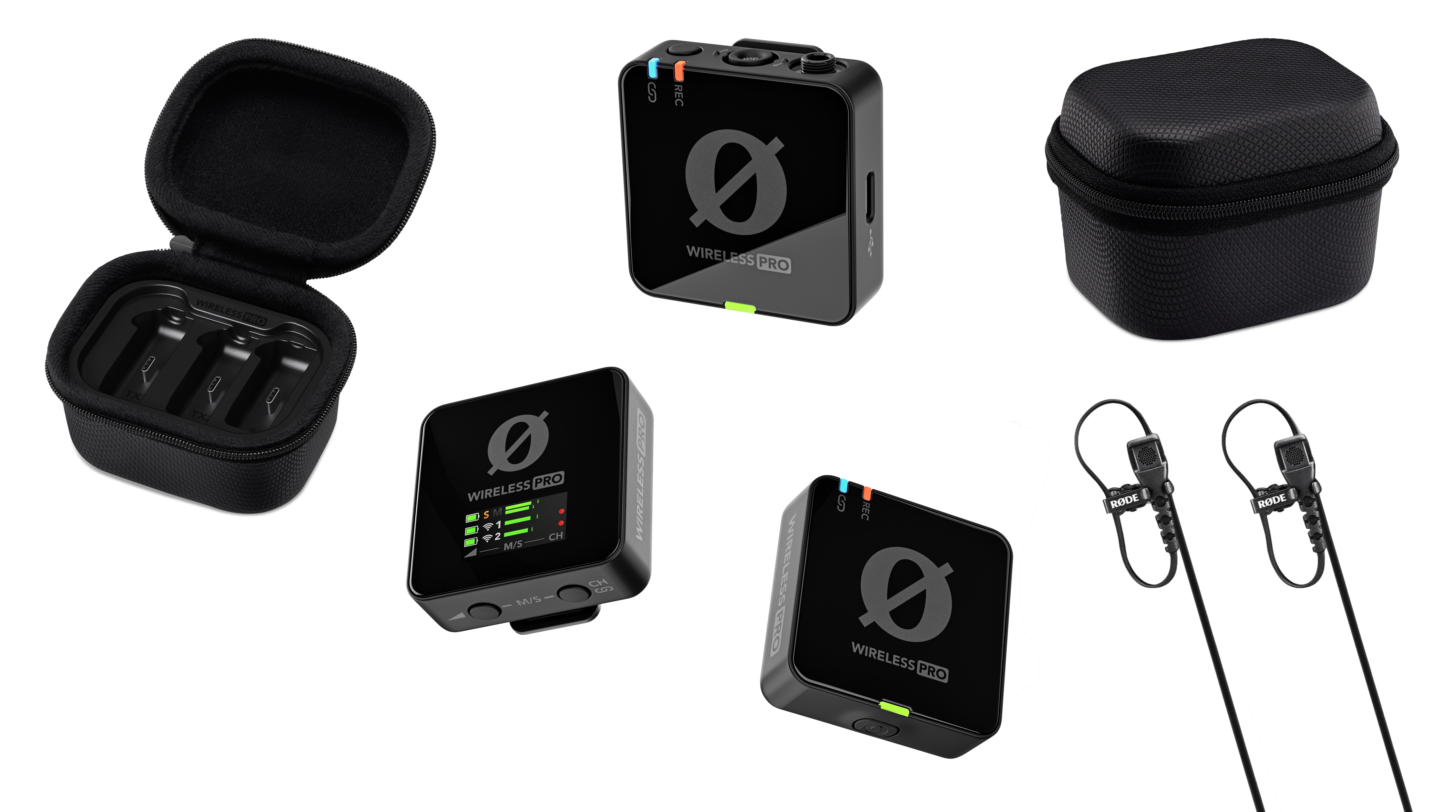 Røde Wireless Pro microphones, recorder, cases and cables.