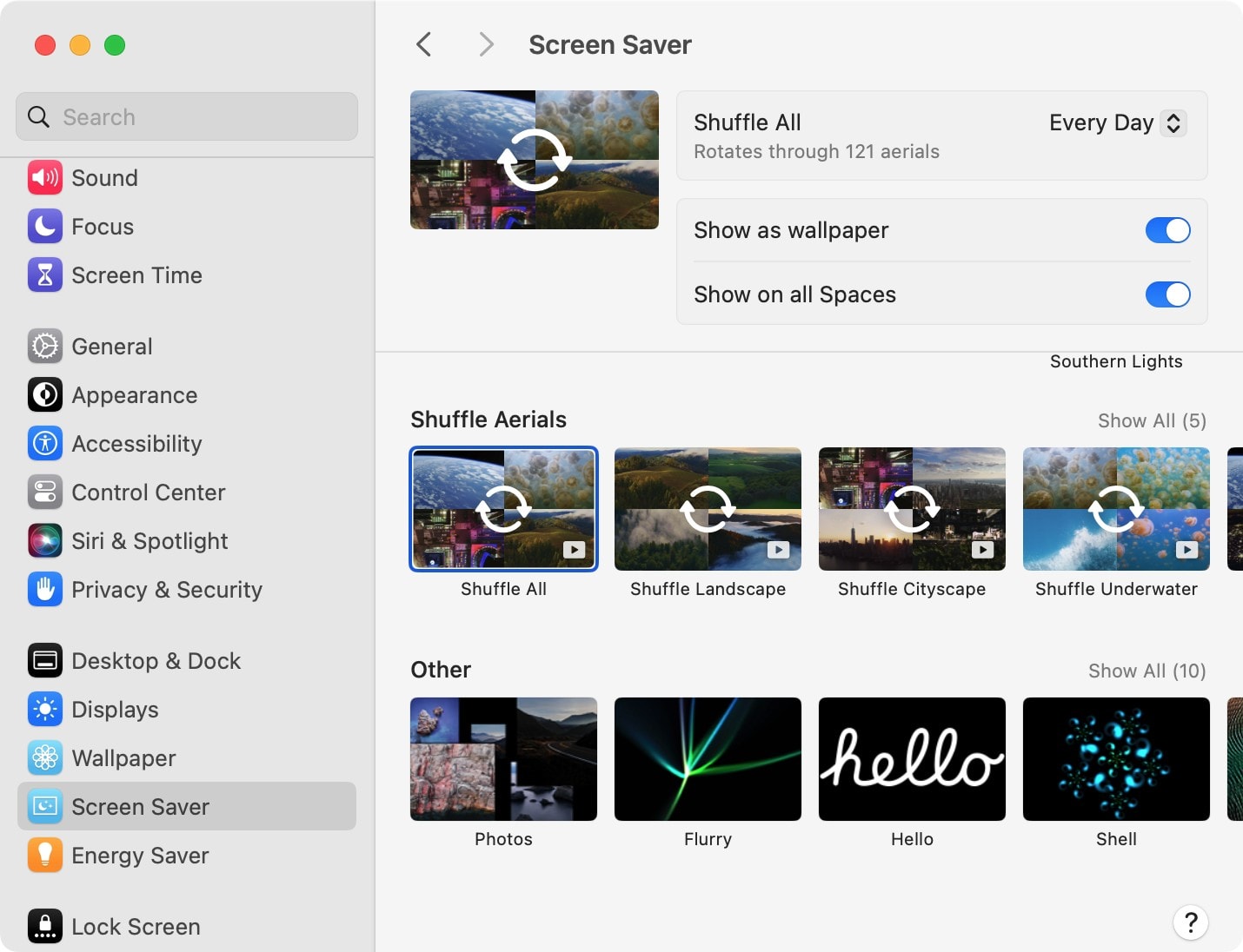 Aerial screensaver settings