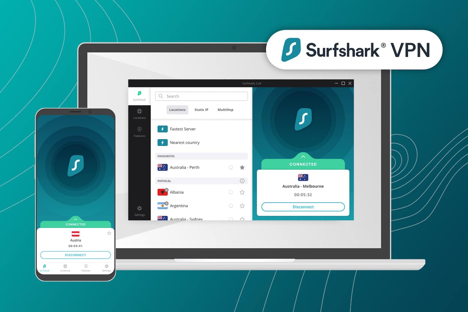 Screenshots showing Surfshark VPN on Mac and iPhone.