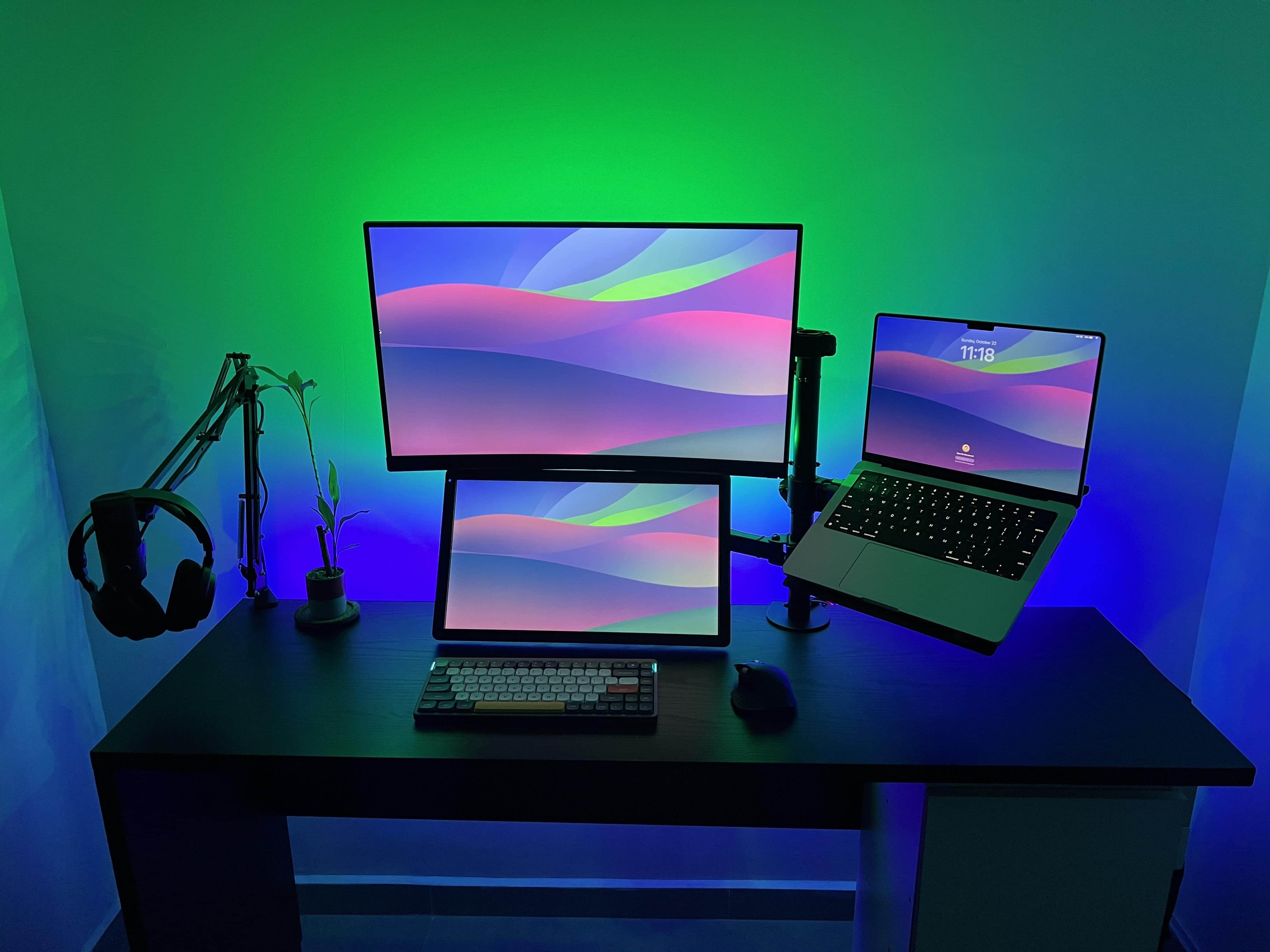 Two cheap LED lights strips create that whole effect, and with many light strips the colors can change endlessly.
