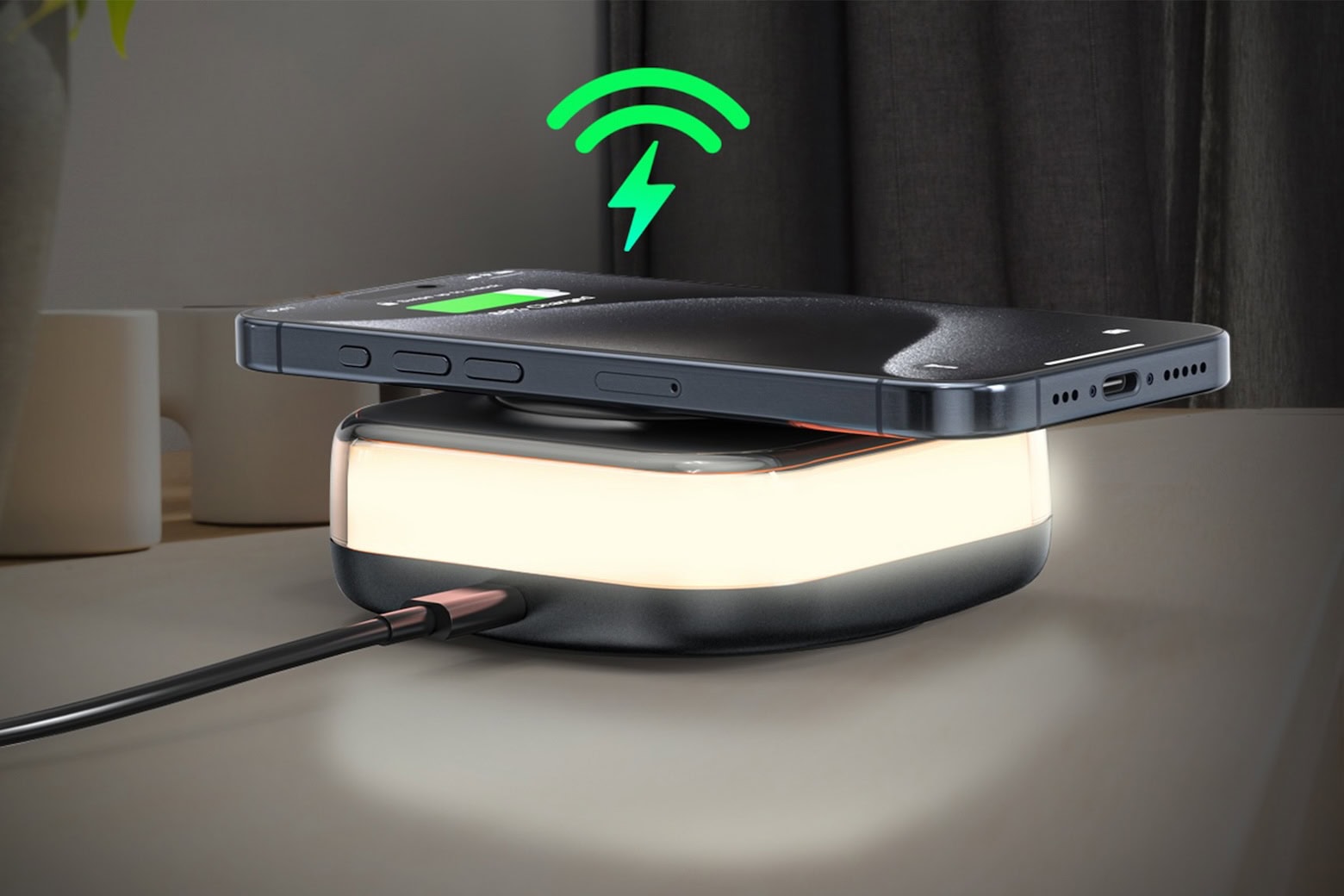 Night light charging station offers wireless iPhone charging.