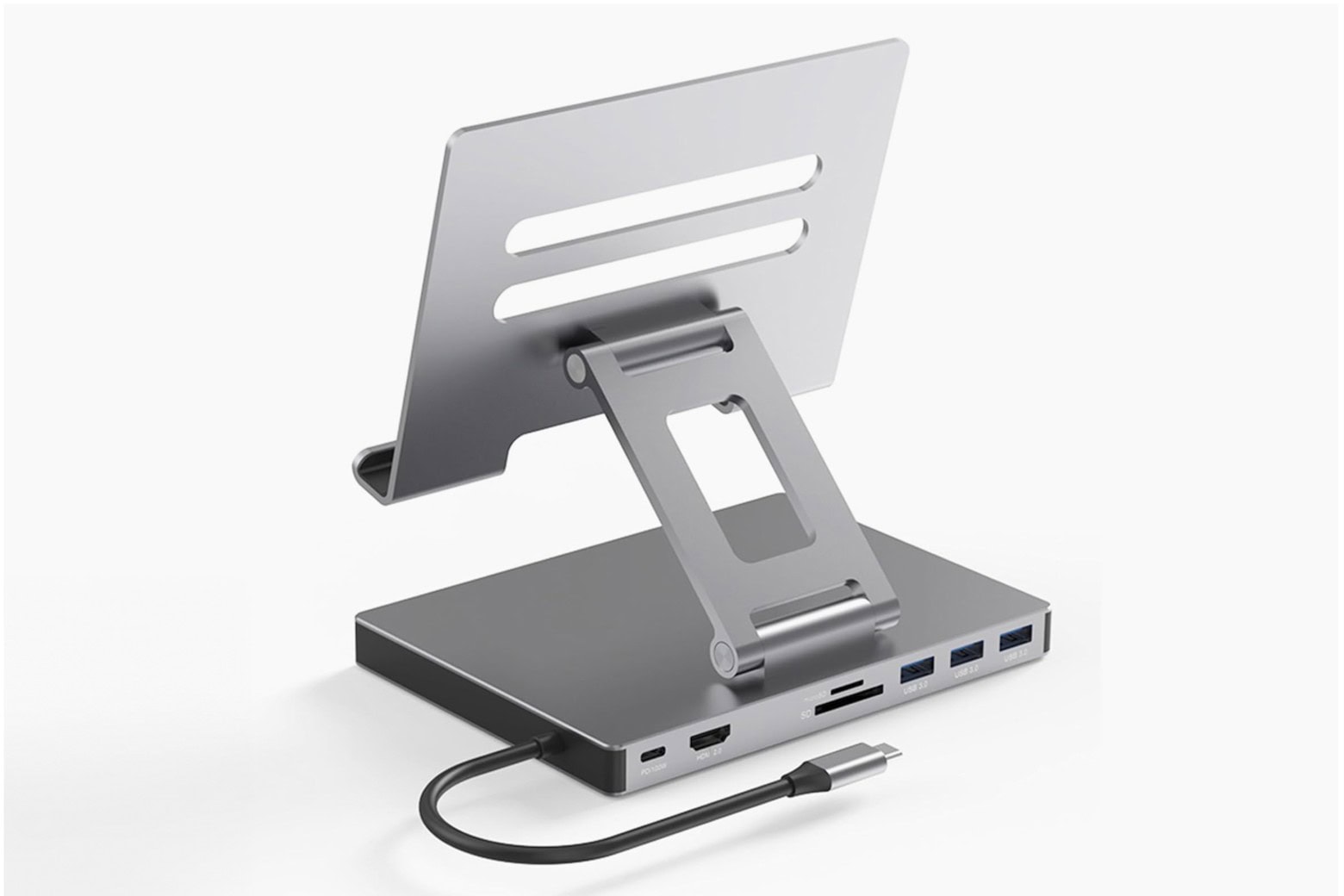 A multifunctional 8-port iPad stand and tablet docking station.