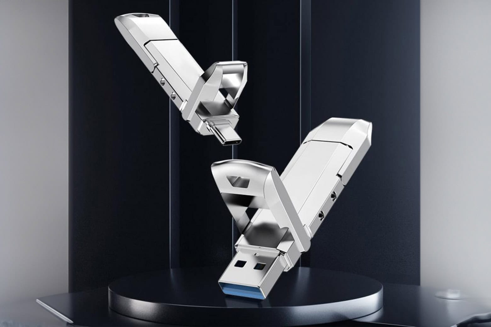 A product shot of a 1TB USB-C and USB-A flash drive.
