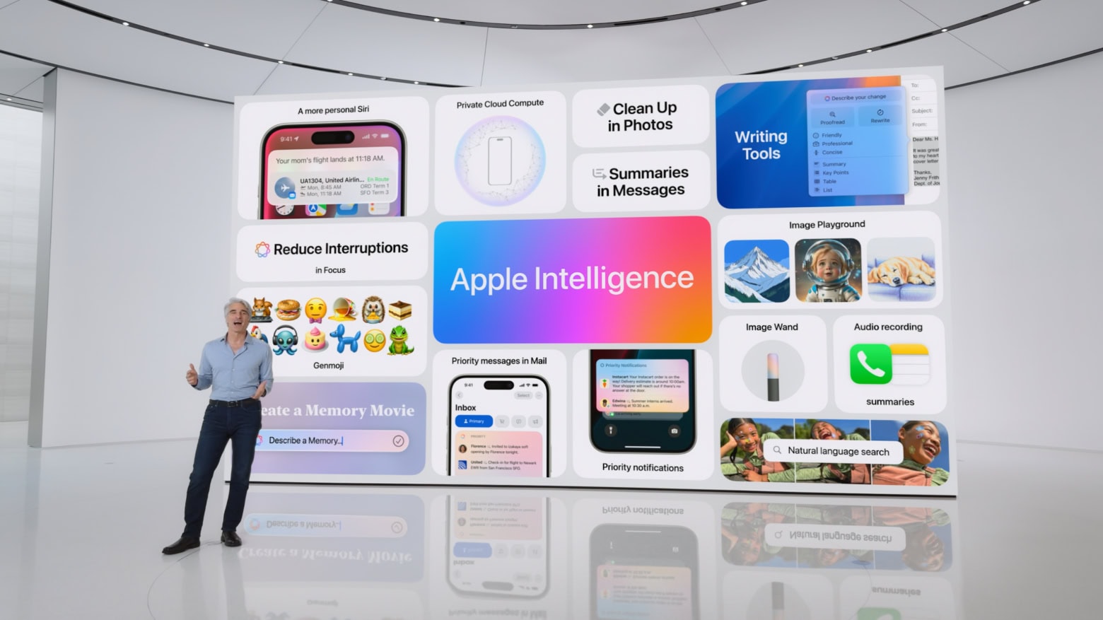 Apple Intelligence was announced by Craig Federighi, SVP of software engineering