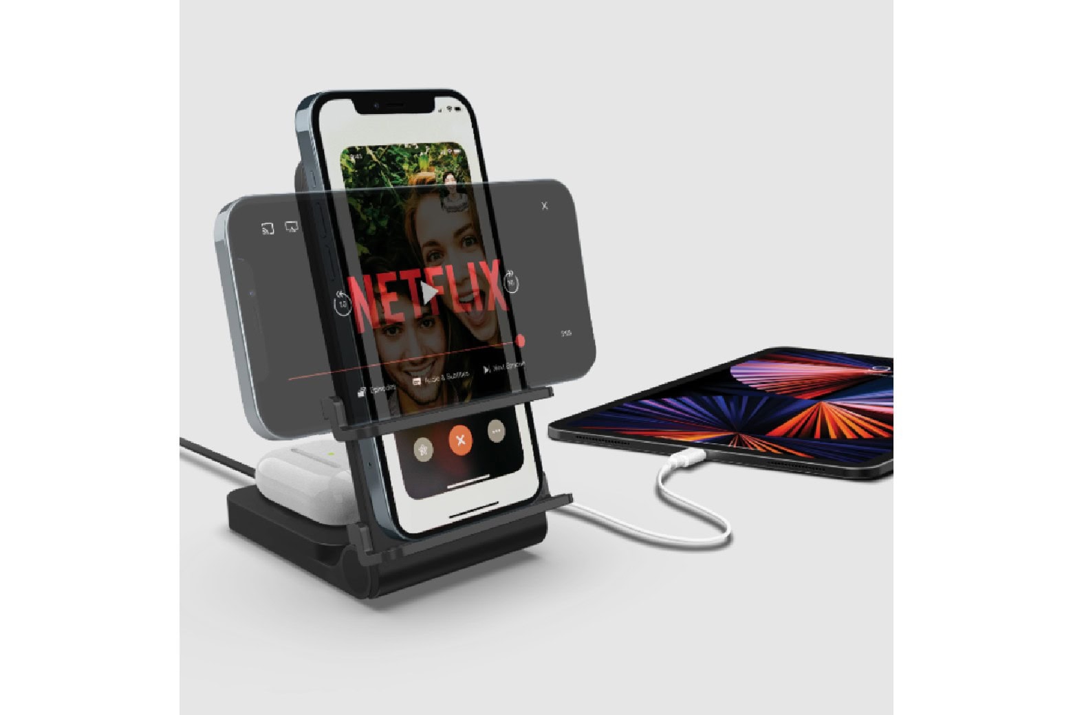 Product shot of MyCharge True Universal 3-in-1 Wireless Charging Stand for iPhone