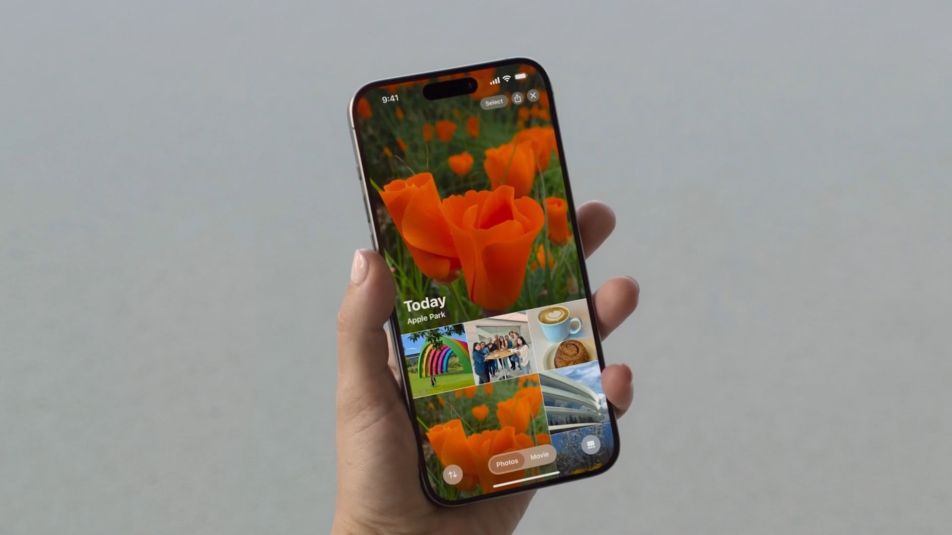 iOS 18 Photos app with a full-screen “Today” group of images