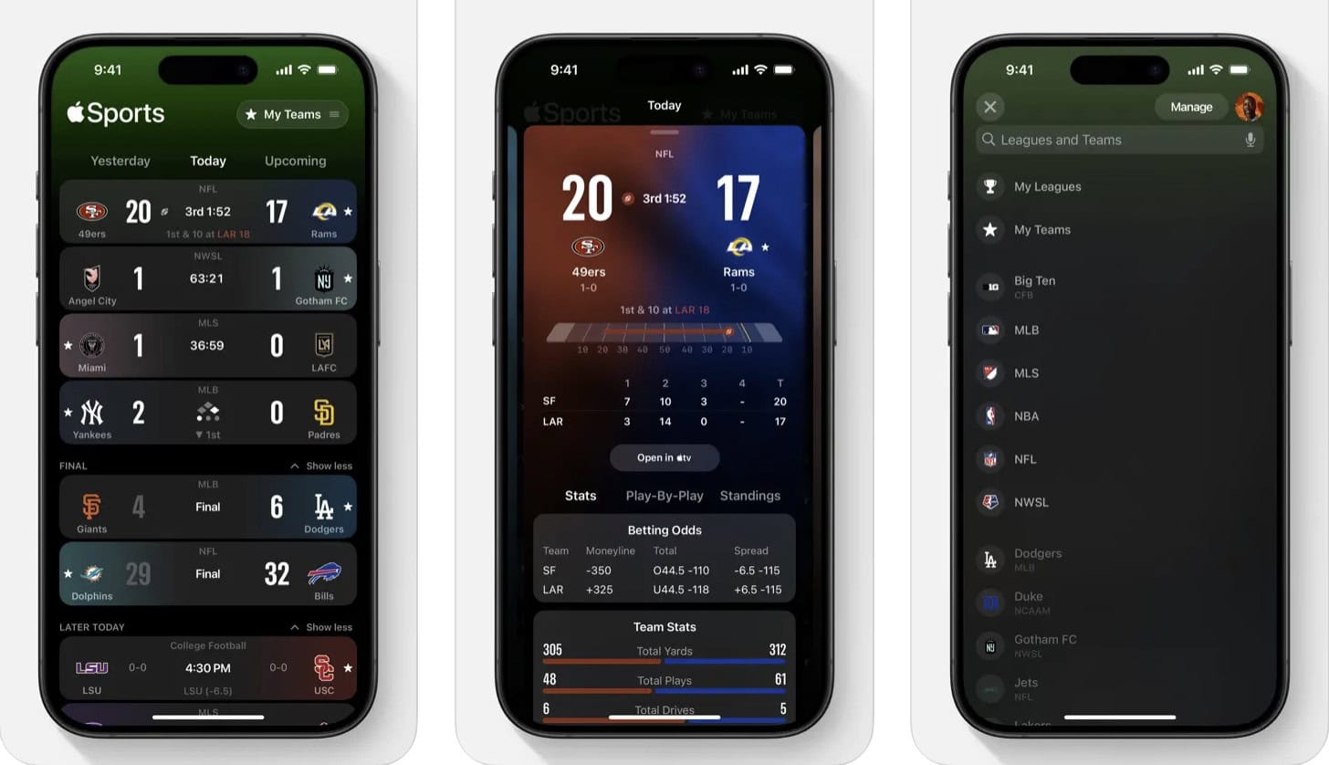 Apple Sports app adds pro and college football