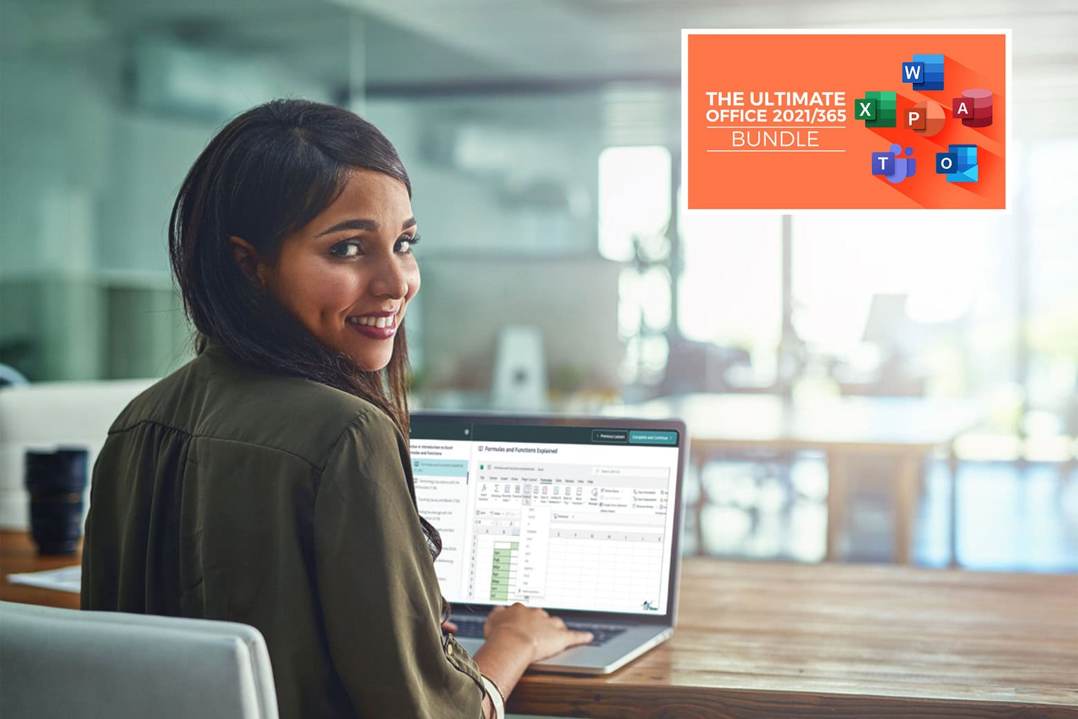 Promo for The Ultimate Microsoft Office 2021/365 Training Bundle, which contains courses on Excel, Word and more.