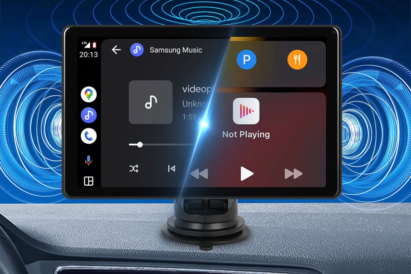 Product photo of the 8-inch rotating car touchscreen for CarPlay or Android Auto.