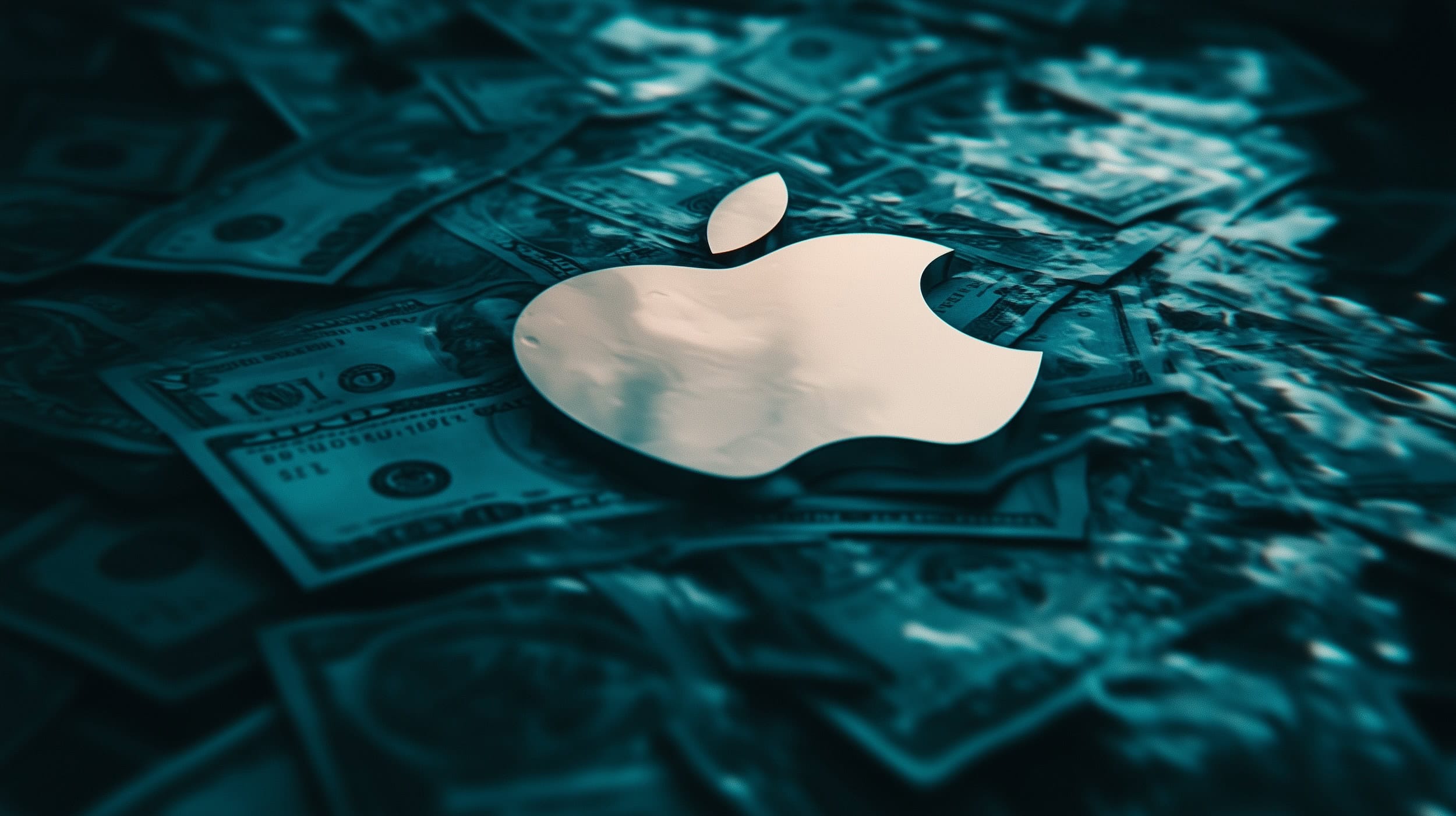 AI image of an apple logo floating on a sea of cash