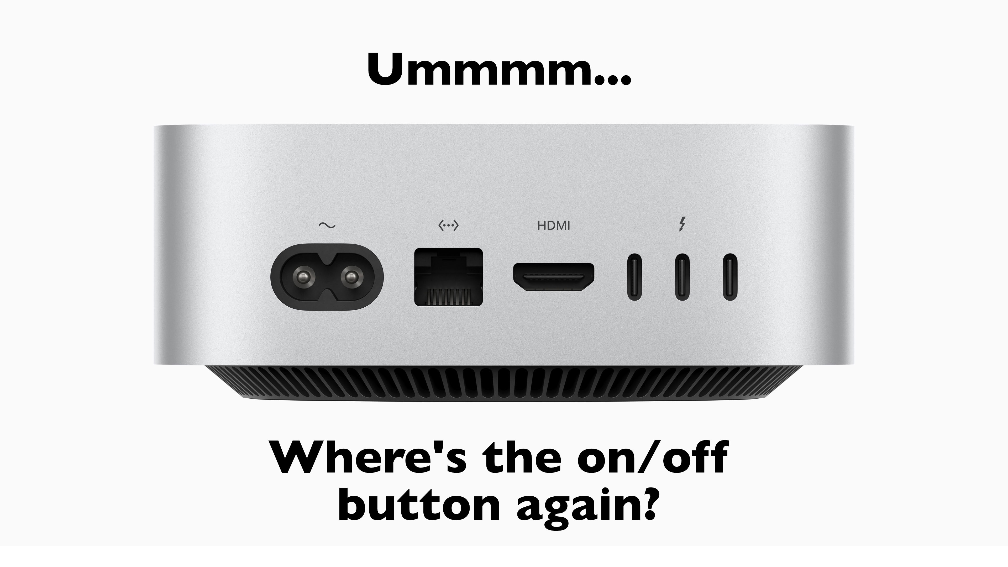 A photo of the back of an M4 Mac mini, with the words, 