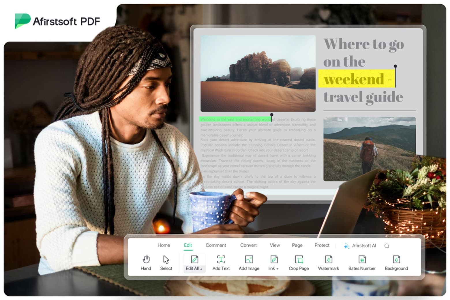 Man using his computer with AI PDF editor Afirstsoft PDF.