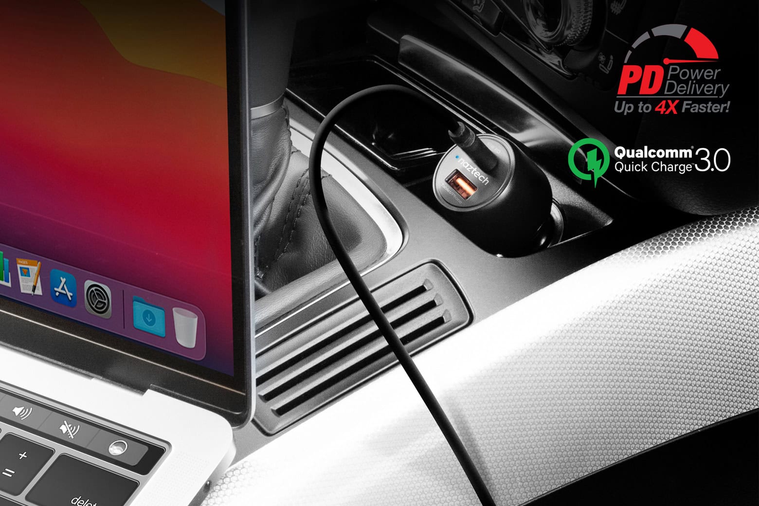 Product photo of the Naztech SpeedMax65 65W PD/18W QC 3.0 car charger for laptops and more