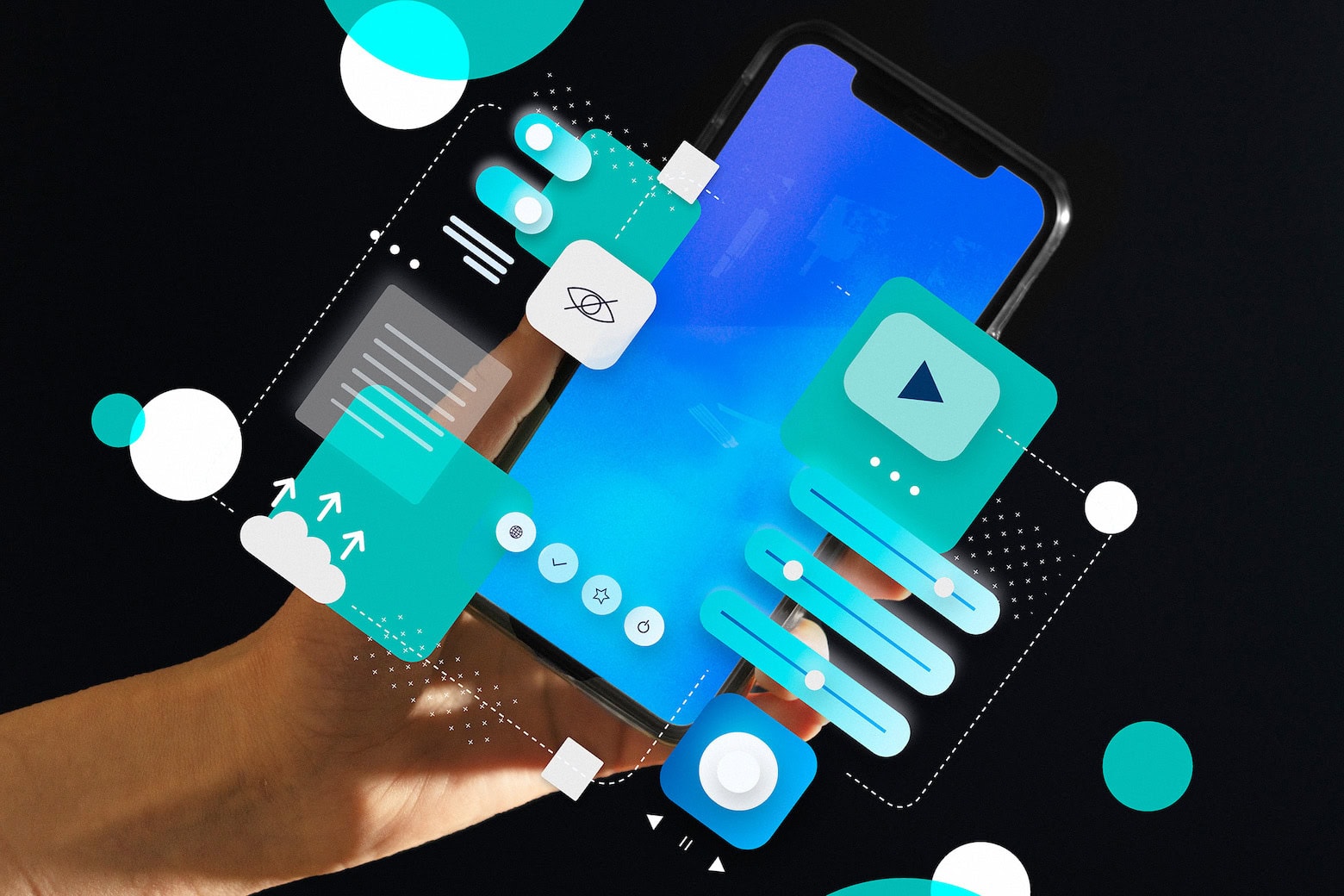 Graphic of person using a phone with popups, used to illustrate a story about no-code platform Twidget