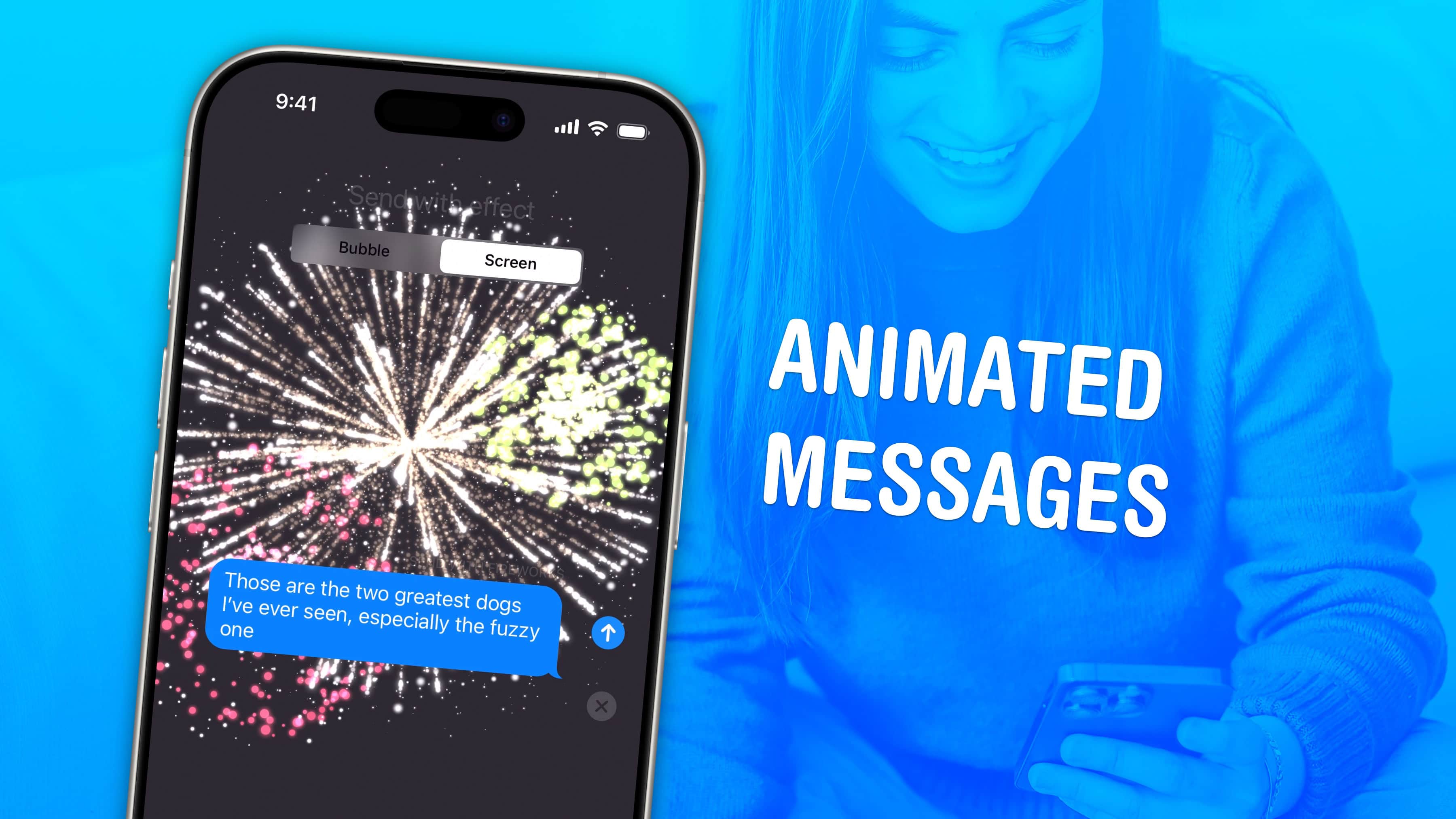 An image of an iPhone with a fireworks on the screen and the words 