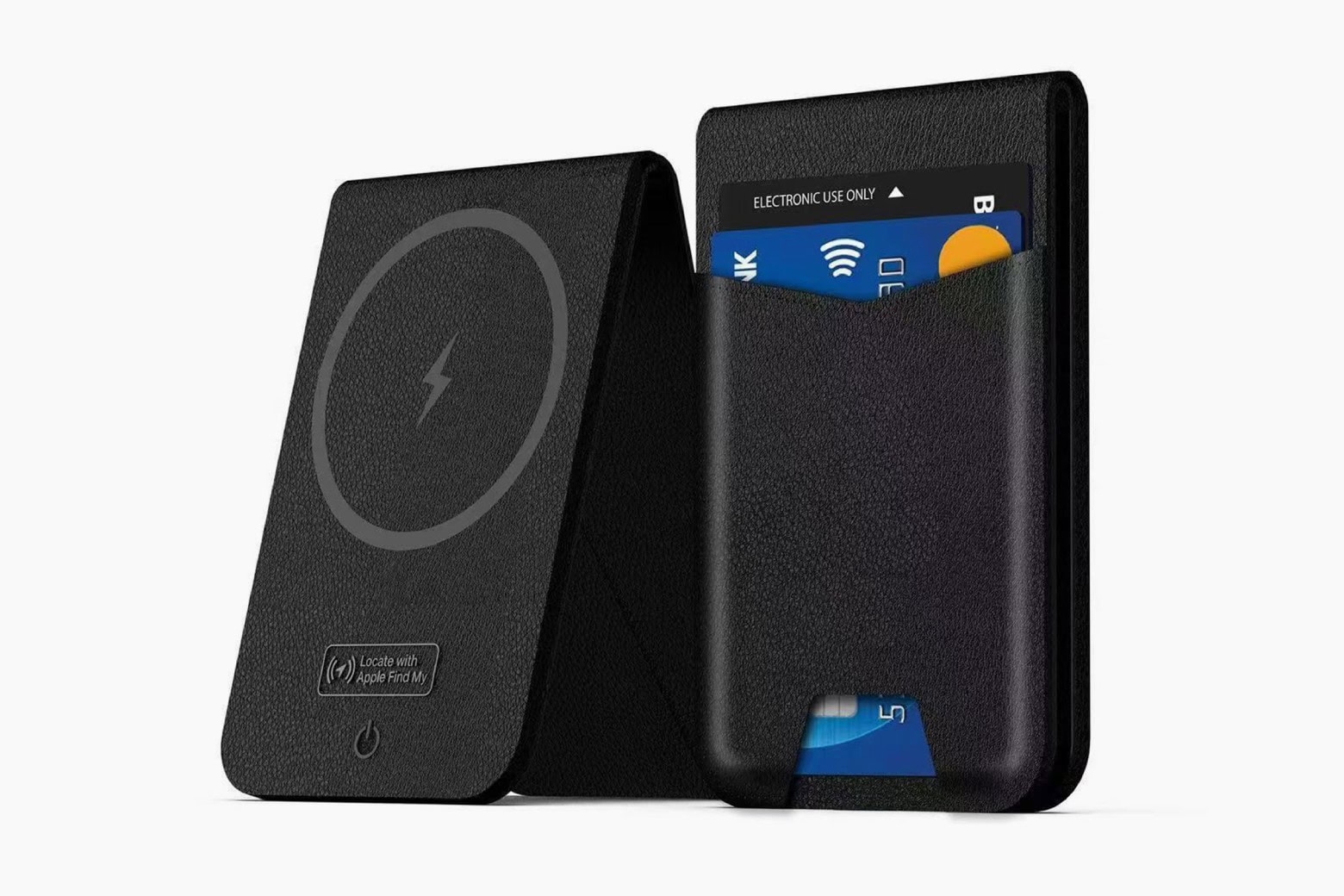 Photo of a folding MagSafe wallet with Find My that contains a blue credit card.