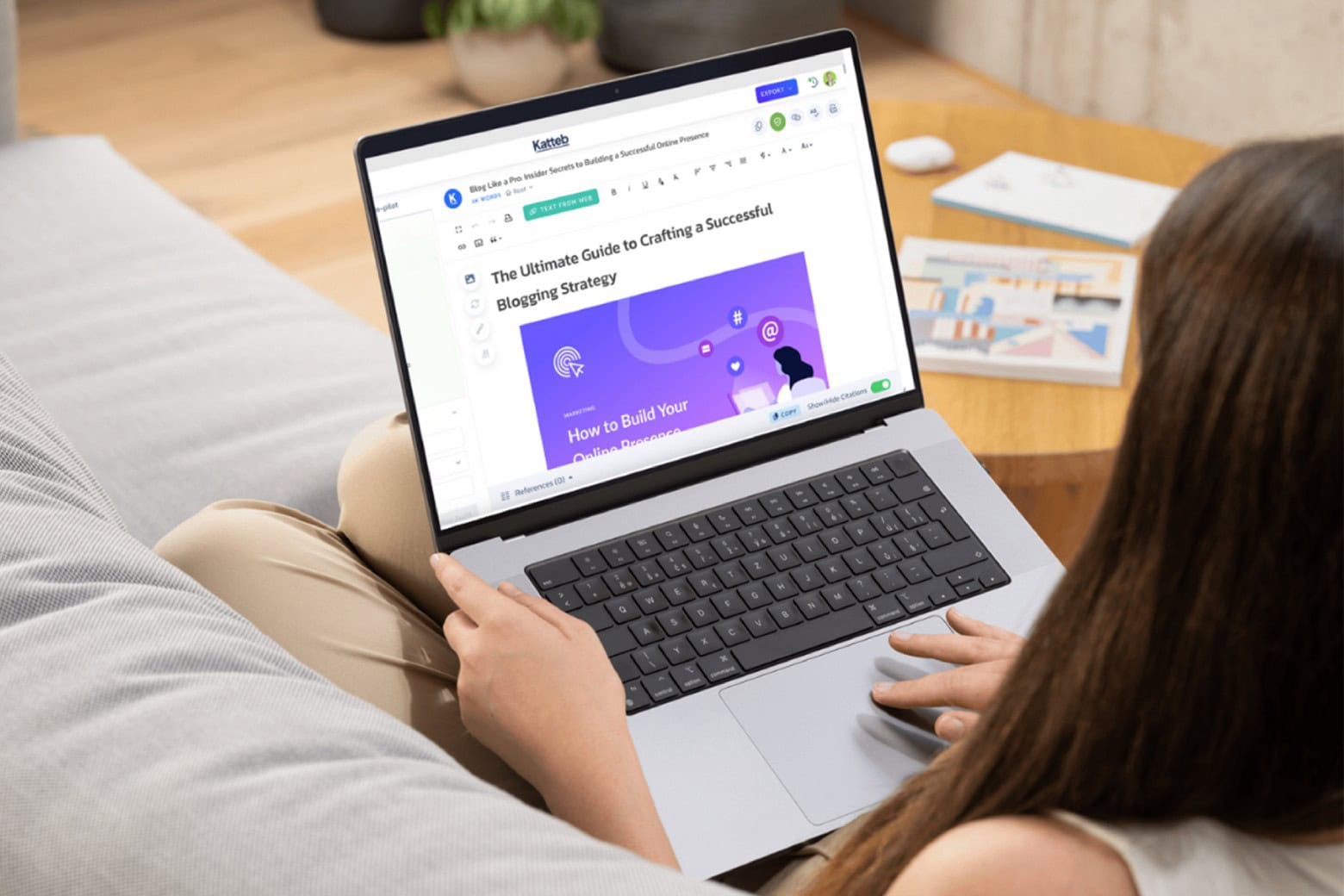 Photo of a woman working on her laptop using Katteb AI writer while she is on the couch.