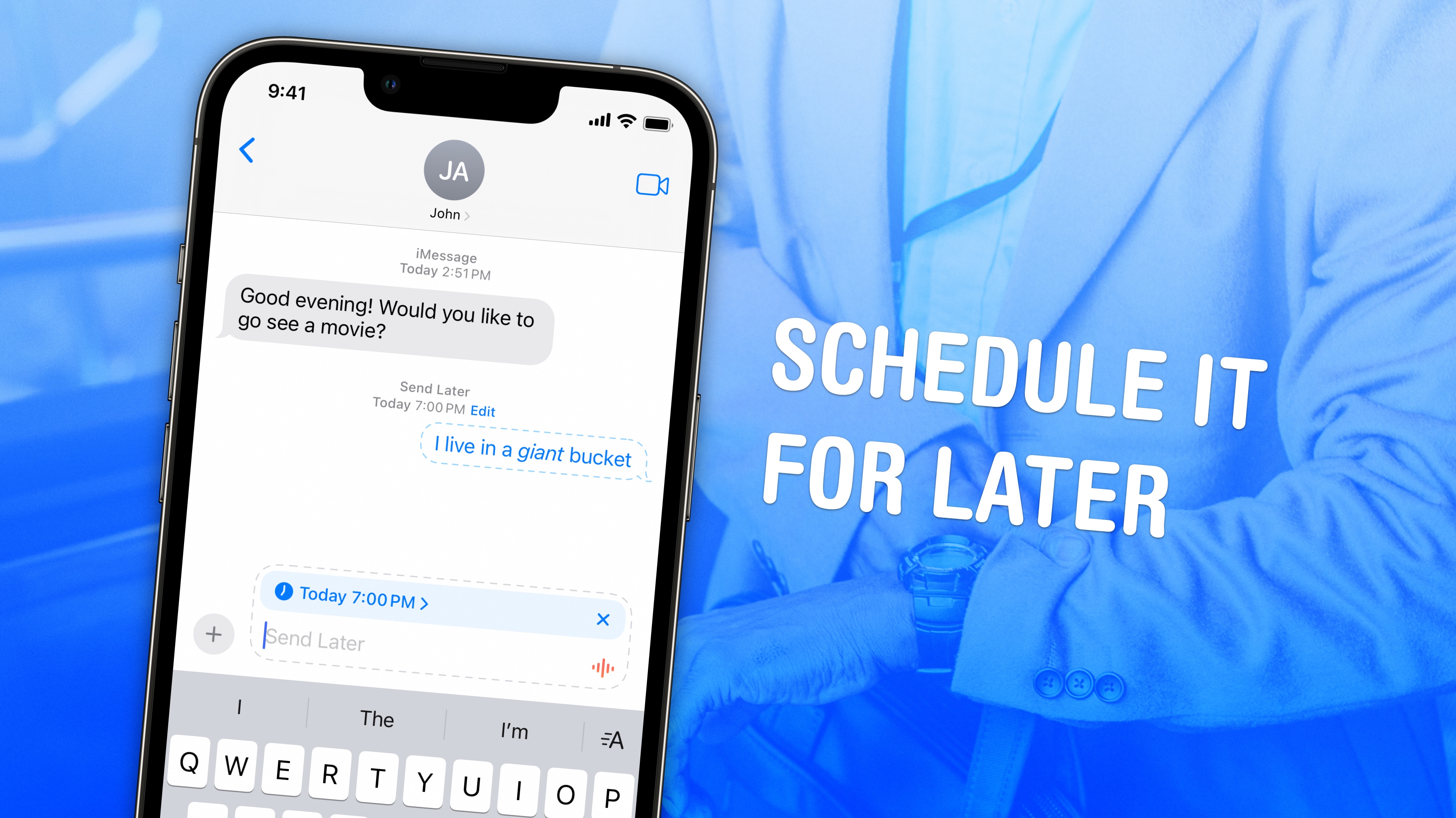 Image showing how to schedule a text message on iPhone, captioned “Schedule It For Later”