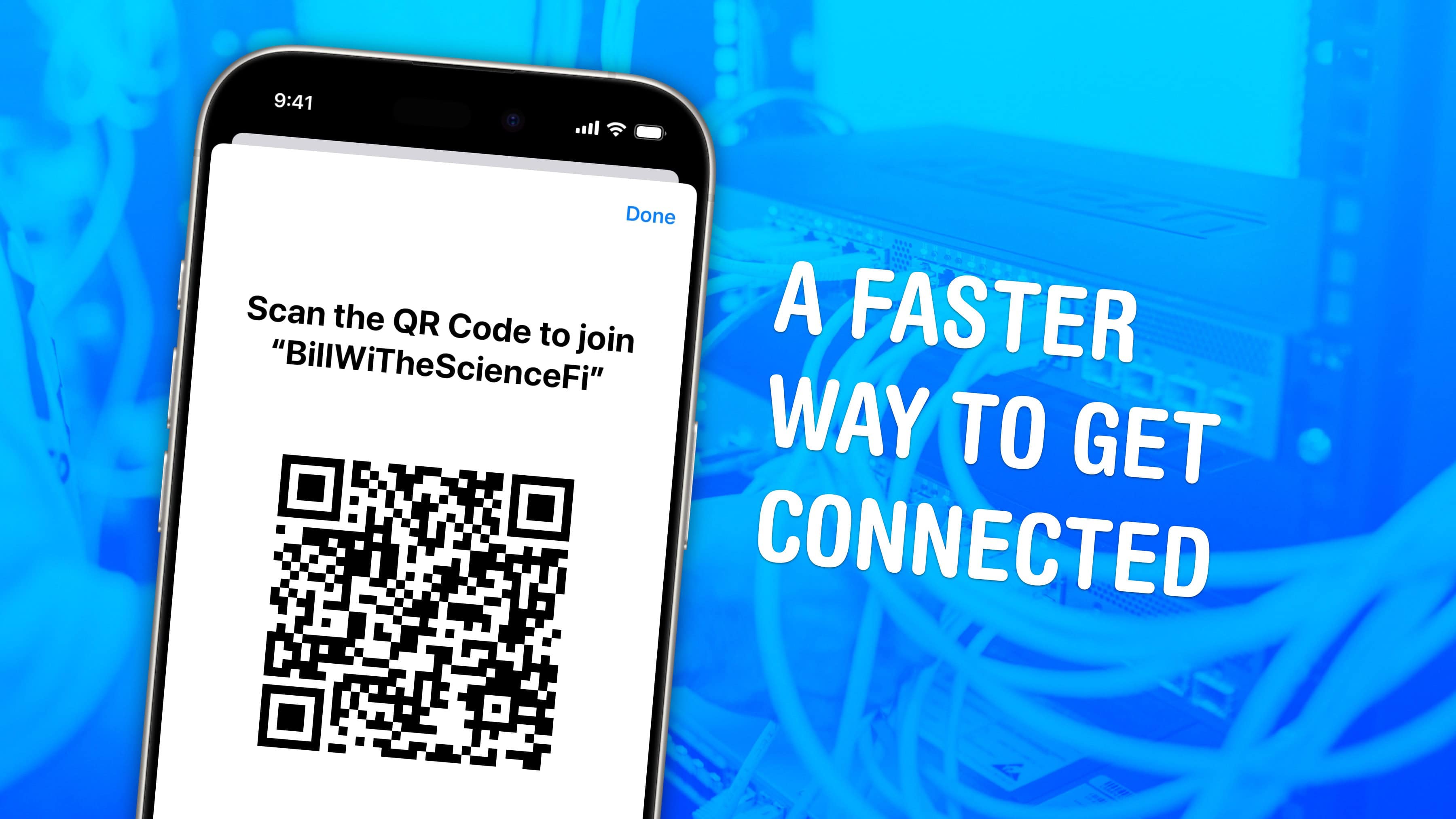 Photo of an iPhone with a QR code on the screen, with the words, 
