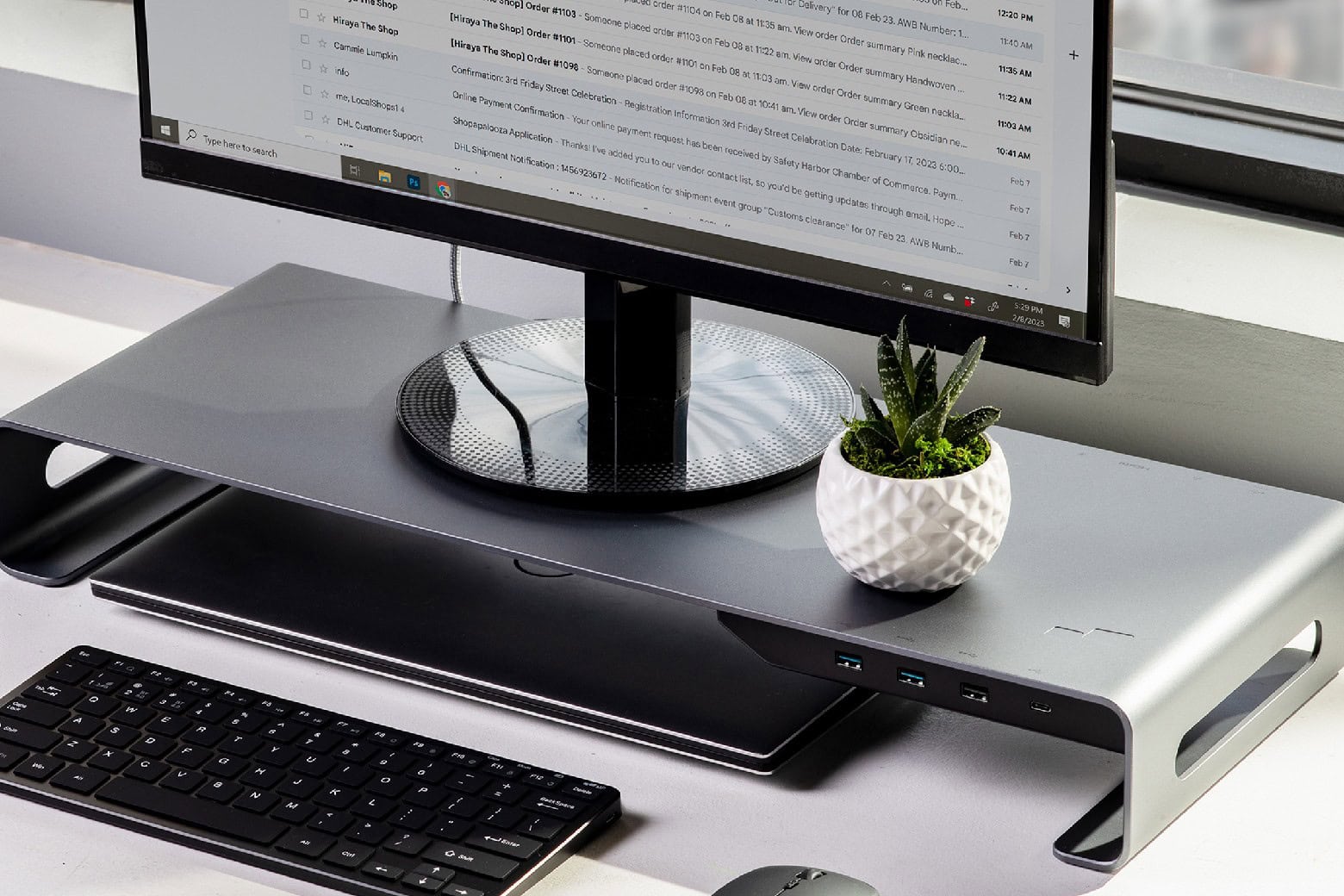 A monitor stand with multiple ports
