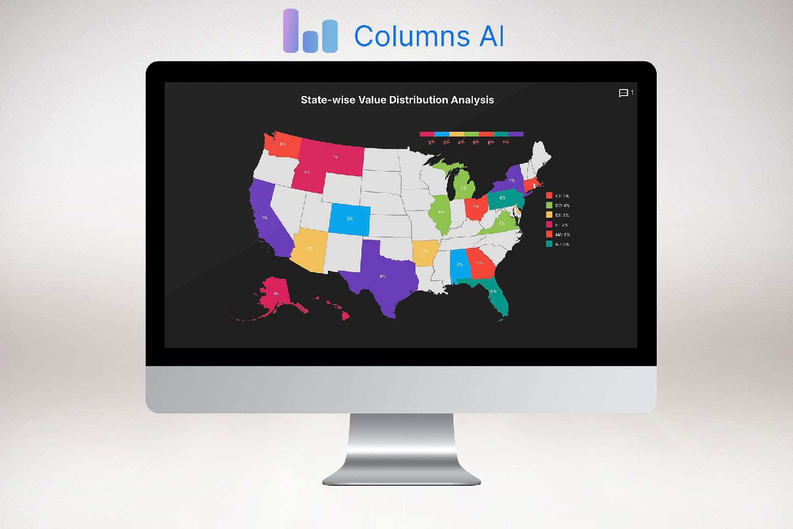 An image of a U.S. map on a Mac, created using Columns AI, a tool for using data to create bar charts, line graphs and other visuals.