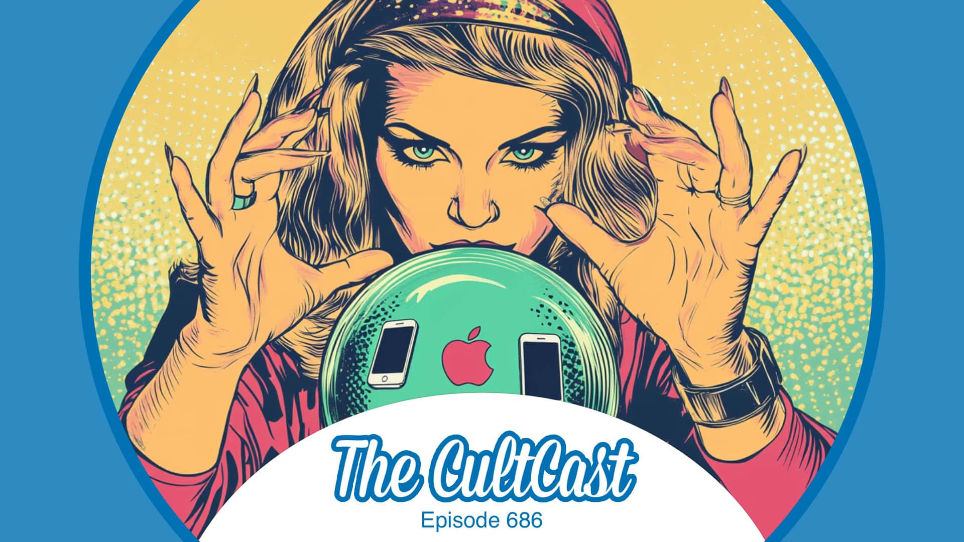 AI-generated cartoon image of a fortune teller looking at a crystal ball with Apple logo and tech products, plus 