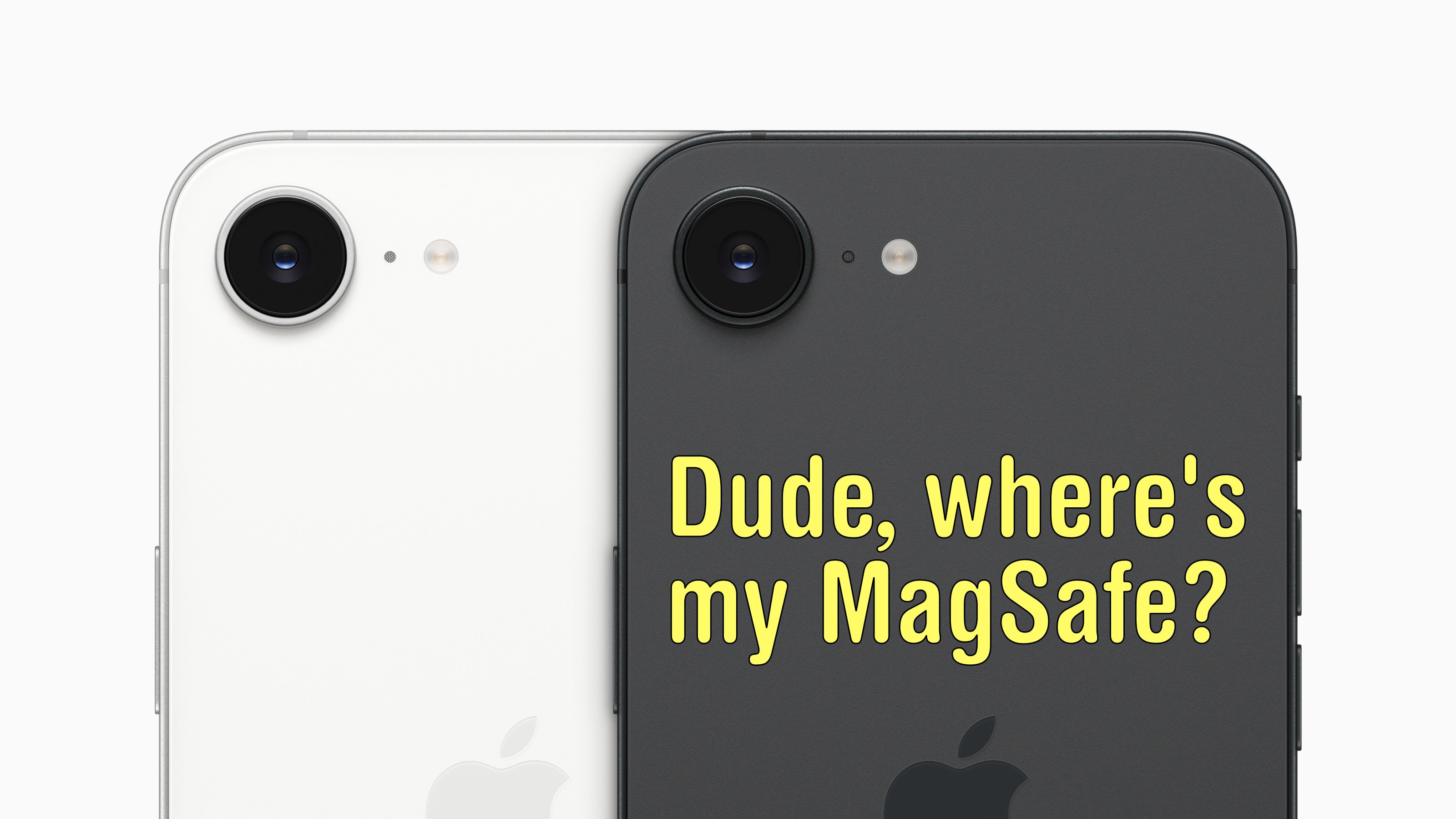 Photo of two iPhone 16e smartphones, one black and one white, with the words, 