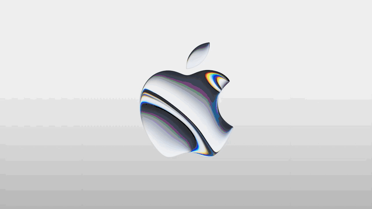 Animated chromatic Apple logo over a light gray background, with a circlular shape