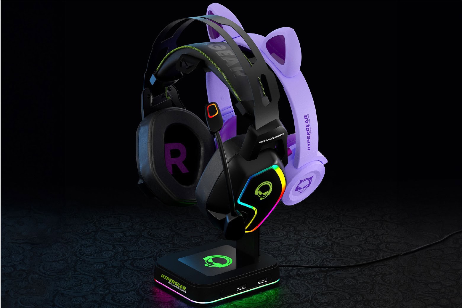 Product photo shows two headsets docked on a HyperGear's RGB Command Station Headset Stand, an RGB headphone stand.