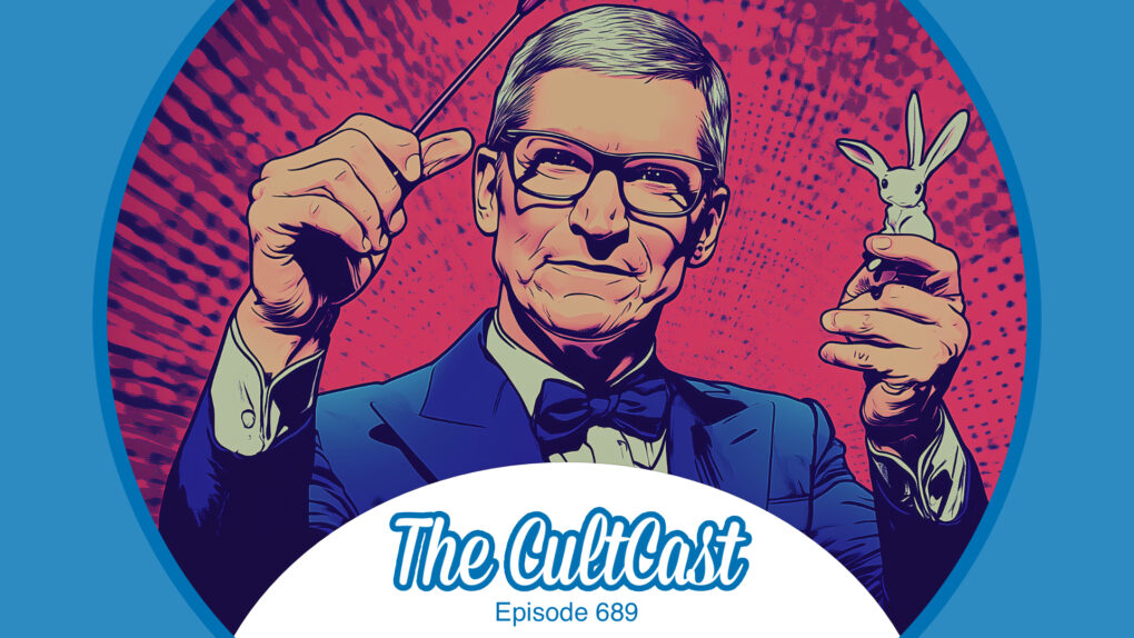 AI-generated cartoon image of Apple CEO Tim Cook holding a three-eared rabbit and a magic wand, with the logo 