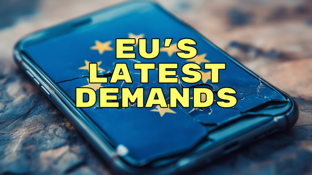 AI-generated image of an iPhone with a cracked screen, with the EU's blue field and gold stars on the screen, and the words, 