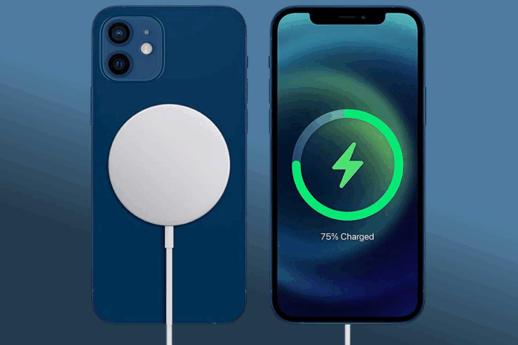 Apple MagSafe charging a blue iPhone