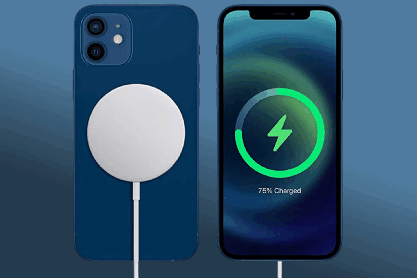 Apple MagSafe charging a blue iPhone