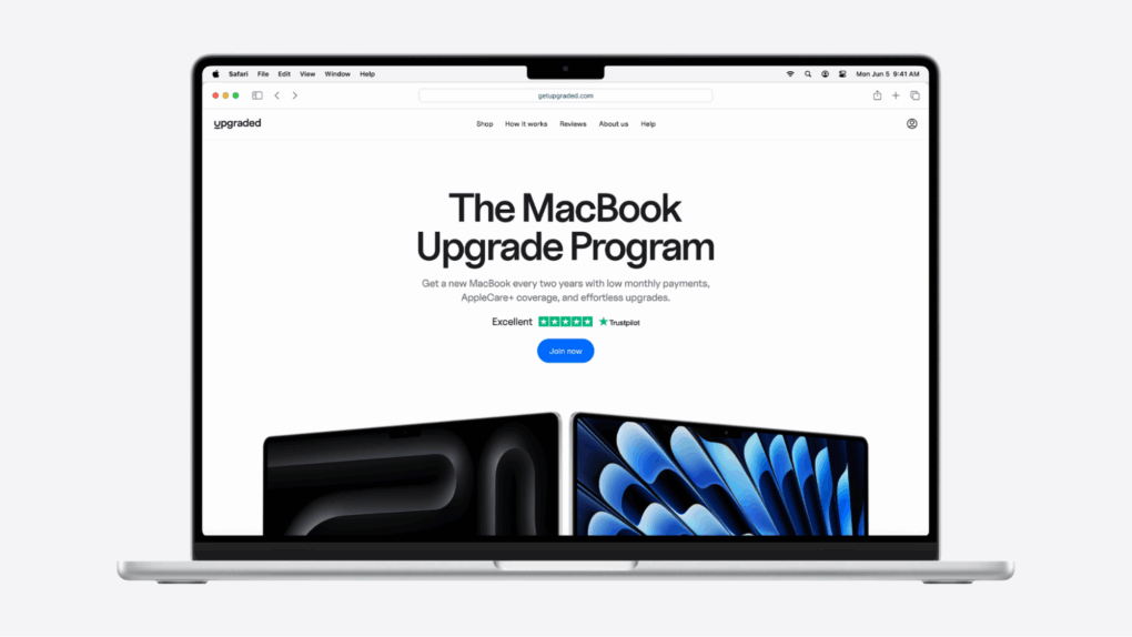 Photo of a laptop with the Upgraded's monthly payments plan for financing a MacBook, with an image on-screen that says 