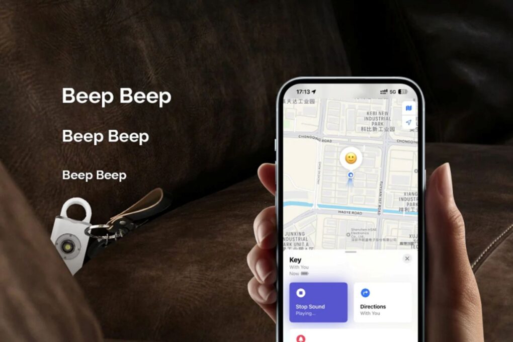 Marketing image shows how you can use 2-in-1 Personal Safety Alarm with Apple Find My Smart Tracking on an iPhone