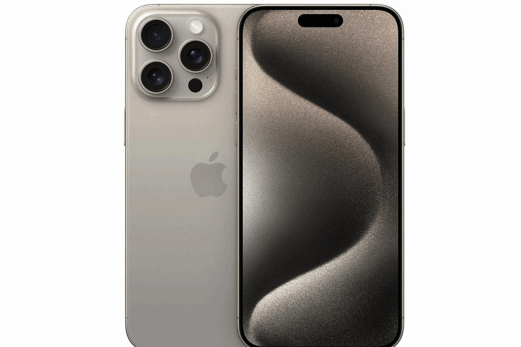 Product shot of iPhone 15 Pro Max refurbished with natural titanium finish