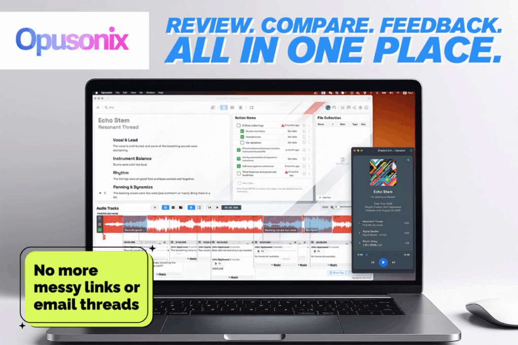 Marketing photo of Opusonix music production software running on a laptop.