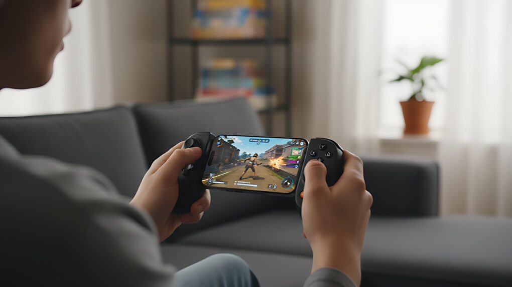 Photo of a person using a Backbone gaming controller to enhance mobile gaming on iPhone