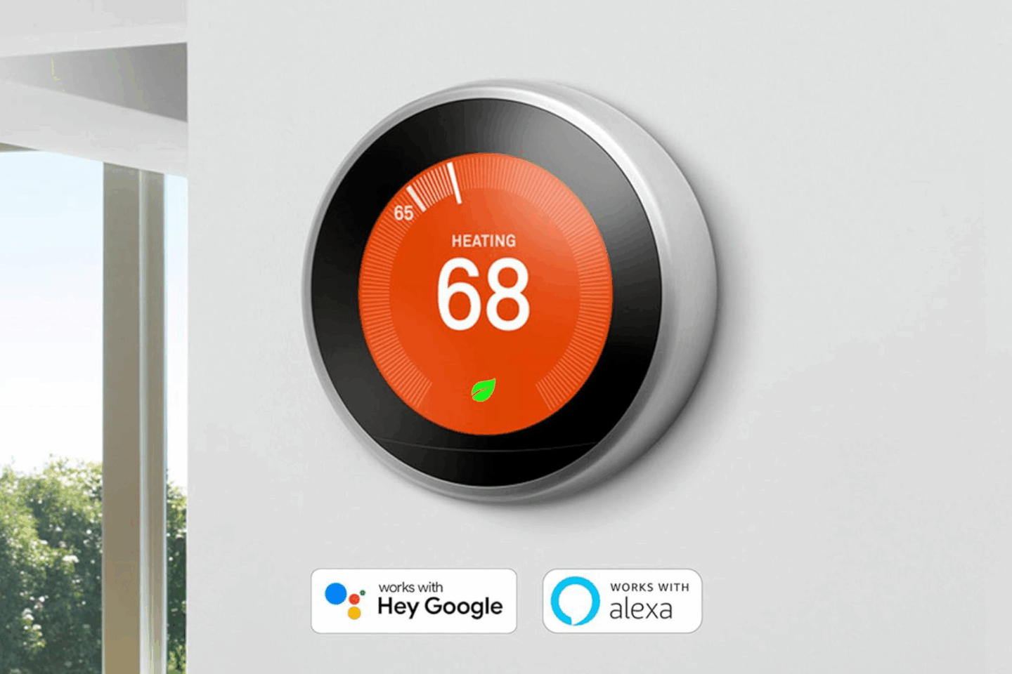 Photo of a Google Nest Learning Thermostat (third-gen, refurbished) installed on a white wall.