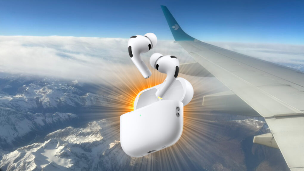 A photo illustration of AirPods Pro 3 floating in the air with a bright light emanating from behind them, over rugged mountains with an airplane wing in the background